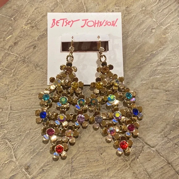 Betsey Johnson Gold Flower Cluster Geometric Love Fest Earrings NWT - Picture 3 of 5